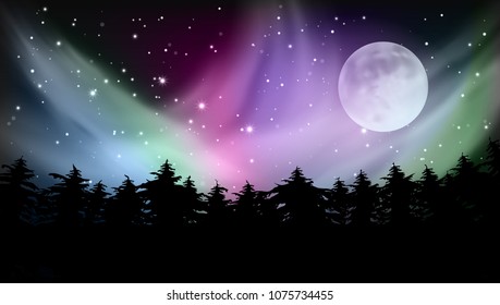 Abstract Forest Multicolored Northern Lights Aurora Borealis Sky. EPS10 Vector