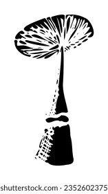 Resumen de hongos forestales con ilustración vectorial de tapa abierta aislada en fondo blanco. Esbozo de espacio negativo, estilo de grabado, efecto de sello