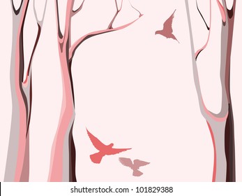 Abstract forest with painted trees and flying birds silhouettes over pink background