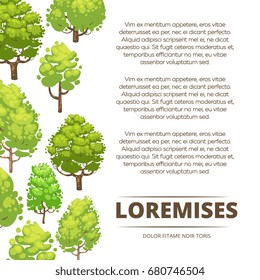 Abstract forest poster design - eco poster background with cartoon trees. Template of banner with tree illustration