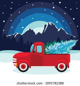 Abstract forest and red pickup with evergreen tree, snowy winter landscape.