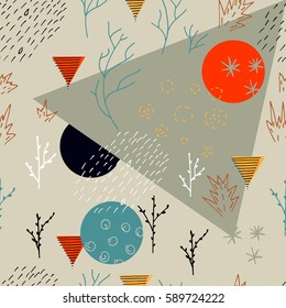 Abstract forest seamless pattern. Bright color background with hand drawn elements, geometric shapes. Great for textile,  wrapping paper. 