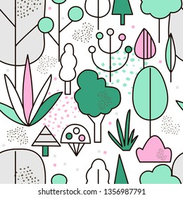 Abstract forest, seamless pattern trees in park, hand drawn garden print. Vector illustration