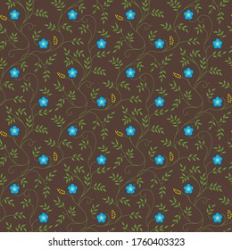 Abstract  forget-me-nots flowers among curly foliage on dark brown background.Floristic isolated colored vector pattern. Plant texture for design of fabric, packaging, wallpaper and paper.

