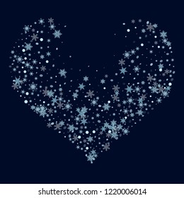 Abstract form of flying snowflakes Falling snowflakes, snow flakes Festive design of packaging, wallpapers, tiles, textiles, covers. Snowy Christmas Heart.