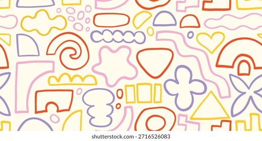 Abstract form fun colorful seamless pattern, light background. Cute liquid geometric forms. Creative doodle abstract style art background for kids. Trendy texture design with contemporary basic shapes