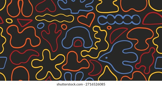 Abstract form fun colorful seamless pattern, black background. Cute liquid geometric forms. Creative doodle abstract style art background for kids. Trendy texture design with contemporary basic shapes