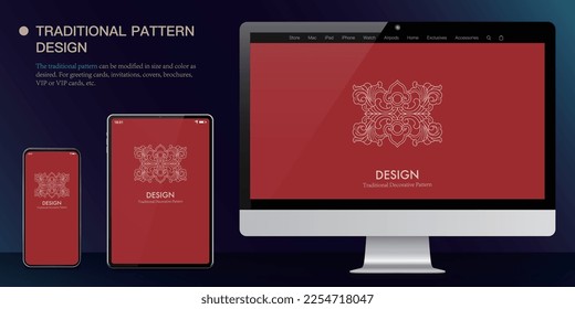 Abstract form logo design. A modern expression of an ancient traditional decorative element. Vintage symmetrical pattern. square. Mobile phone, tablet computer, computer display effect. red background