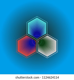 Abstract form in the form of three colored honeycombs, on a blue background