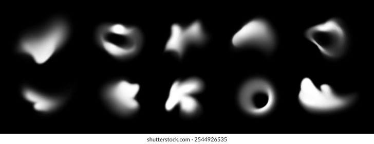 Abstract forms with blur effect, white blurry shapes. Different fluid shapes with soft edges, glowing blurred spots and dynamic forms, modern graphic elements on black background vector set