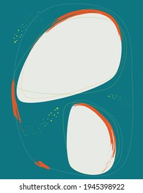 Abstract forms and lines on the blue background. Poster with rounded elements, brush strokes and spots.