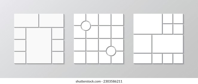Abstract forms photo collage collection. Set of mosaic pictures layouts. Vector illustration. Album brandboard. Moodboard grid. Mood board template. Gallery banner. Portfolio images. Retro background.