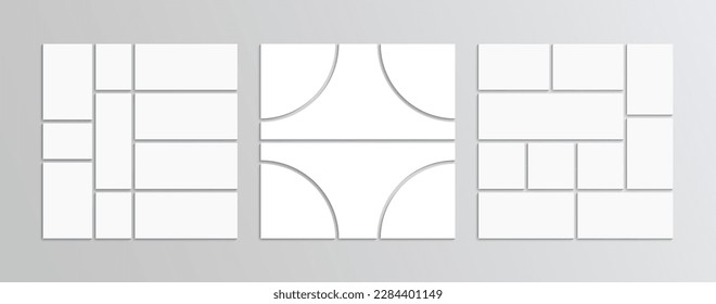 Plantillas de collage de fotos de formularios abstractos. Colección de cuadros de imágenes mosaicas. Conjunto de rejilla de modelado. Ilustración vectorial. Diseño de la pizarra. Cartel de álbum. Pancarta de la galería. Imágenes de portafolio.