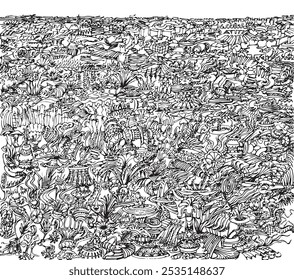 Abstract forms random connected, creating wild mix of semi recognizable shapes with black brush lines
