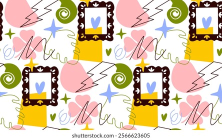 Abstract forms seamless pattern. Repeating design element for printing on fabric. Frames with hearts and pink hearts. Minimalistic creativity and art. Flat vector illustration