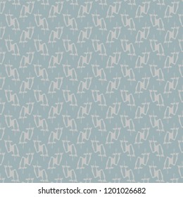 Abstract forms or signs arranged alternately and reversed. Textile pattern in shades of blue and light gray. Tile. Vector illustration.