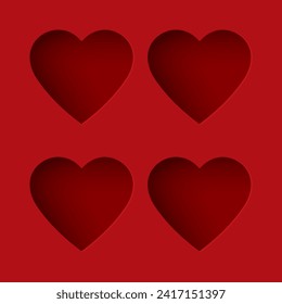 Abstract four of 3 dimension heart frame paper cut on red background with blank space. Valentine's day greeting card template.