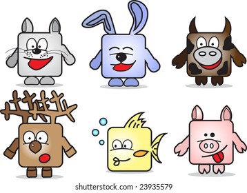 Abstract four cartoon square animals at white background