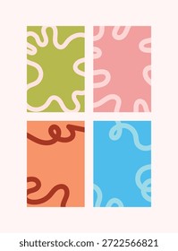 Patrón pastel Abstractas de cuatro paneles con Formas de garabato orgánicas dispuestas en una rejilla sobre un fondo limpio. Diseño decorativo moderno ideal para branding, presentaciones, packaging y visuales educativos.