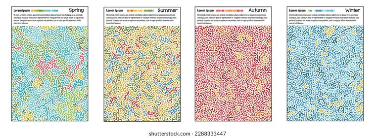 Resumen de cuatro temporadas de reacción de color de tema patrón de difusión de biología en el diseño de portada de póster de fondo blanco. Ilustración vectorial.  