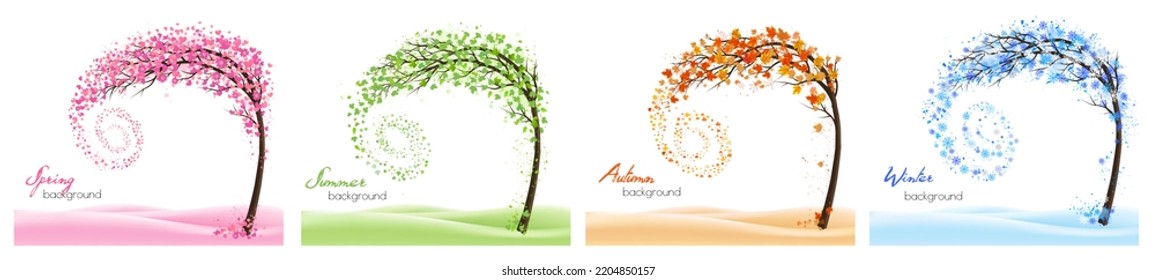 Abstract four stylized trees with colorful leaves, snowflakes, hearts and heart shaped flowers representing different seasons: spring, summer, autumn, winter. Vector.