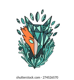 Abstract fox illustration with doodles, particles and triangles.