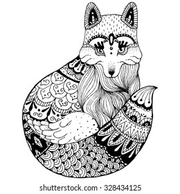 Abstract fox . Ornate isolated vector illustration. Black and white.Hand-drawn. Zentangle