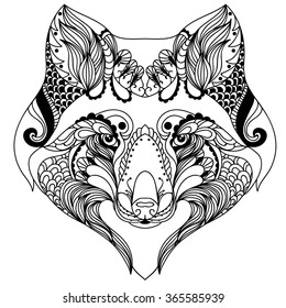 Abstract fox . Ornate isolated vector illustration. Black and white.Hand-drawn. Zen tangle