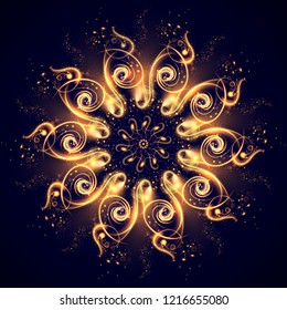 Abstract fractal background with a mandala made of luminous lines on a dark blue background. Beautiful abstract fractal  for creative graphic design. Mysterious relaxation pattern. Magic mandala.