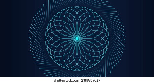 Abstract fractal burst background with blue green light lines weaving pattern in circle shape isolated on black background. Modern technology design concept, science, music. Vector illustration.

