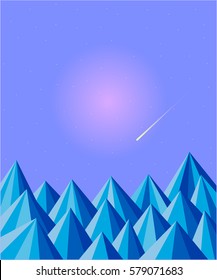 Abstract fractal polygonal background with Northern cold ice nature, comet flying in the sky.