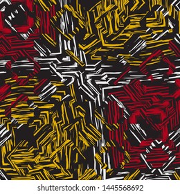 Abstract fractal seamless pattern of black, white, red, and yellow shades