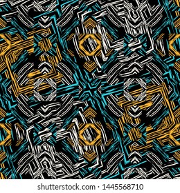 Abstract fractal seamless pattern of white, blue, orange, and black shades