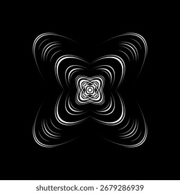 Abstract fractal shape. Line spiral pattern. Fractal flower, dynamic circle wave, blend line square tunnel, twist star. Futuristic design element on black background. Vector illustration
