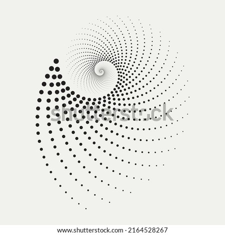 Abstract fractal spiral dots monochrome background. Fractal dots logo. Halftone snail concentric design element for multipurpose use.
