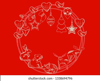 Abstract frame with assorted Christmas graphic elements, Scandinavian animals, Christmas wreath illustration. - Vector graphics