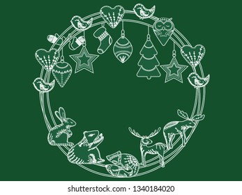 Abstract frame with assorted Christmas graphic elements, Scandinavian animals, Christmas wreath illustration. - Vector graphics