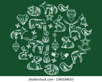 Abstract frame with assorted Christmas graphic elements, Scandinavian animals, Christmas wreath illustration. - Vector graphics