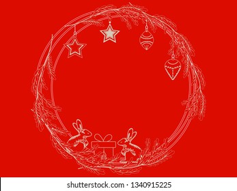Abstract frame with assorted Christmas graphic elements, Scandinavian animals, Christmas wreath illustration. - Vector graphics