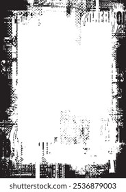 A4 com camadas caóticas de texto de jornal, ilustrações cidade moderna, manchetes e lugar para uma inscrição em fundo preto. Fundo de vetor criativo em estilo grunge