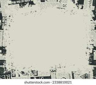 Abstract frame background with a chaotic layering of newspaper text, illustrations, headlines and a place for an inscription on a light background. Creative vector background in grunge style.