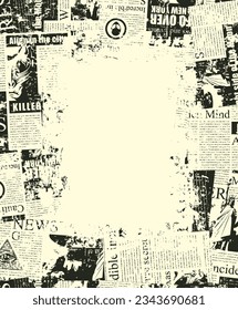 Abstract frame background with chaotic layering of newspaper text, illustrations, headlines and a place for an inscription on a light background. Creative vector background in grunge style.