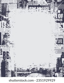 Resumen de fondo de marco con caótica capa de texto de periódico, ilustraciones de ciudad moderna, titulares y un lugar para una inscripción sobre el fondo negro. Fondo vectorial creativo en el estilo grunge
