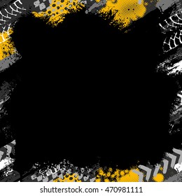 Abstract grung? frame for boy. Urban style modern background with trace of tire, lightning, dots and spray elements. Drive and speed modern creative  frame and place for text.