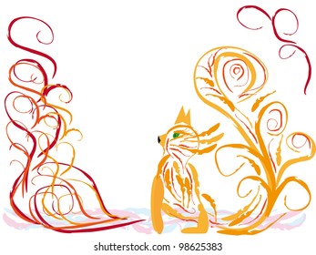 abstract frame with cat and curling branches