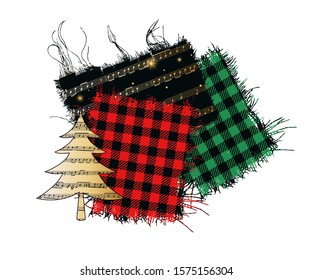 
Abstract frame with a Christmas tree. Buffalo plaid and music page. Party decor. Place for text. Vector illustration.
