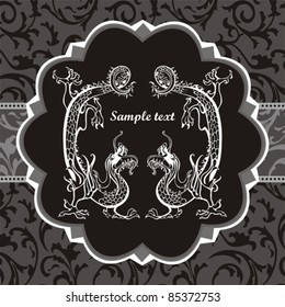 Abstract frame with circle and dragon. Illustration on black background for design