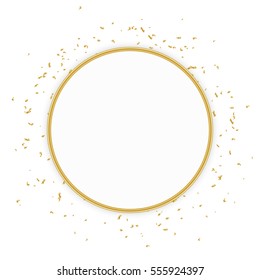 Abstract Frame Circle. Many Falling Golden Confetti On White Background. Vector