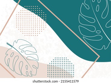 Abstract frame, color wave, monstera leaf. Vector background illustration, modern art graphics, posters, banners, brochures with place for text.