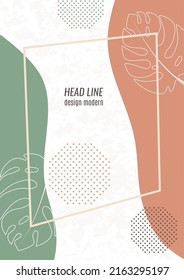 Marco abstracto, onda de color, hoja de monstera. Ilustración vectorial de fondo, gráficos de arte moderno, carteles, pancartas, folletos con lugar para texto.